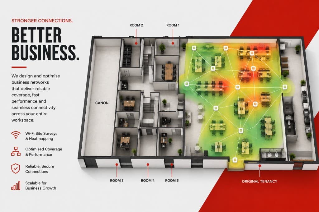 Business Wi-Fi network design with office floor plan heatmap survey — Veltech Christchurch