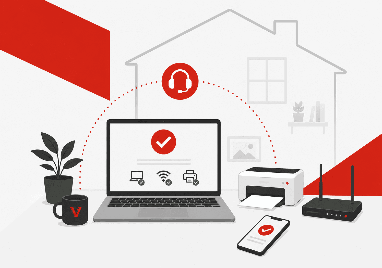 Home IT support illustration — laptop, Wi-Fi, printer and phone with checkmarks in a Christchurch home office — Veltech