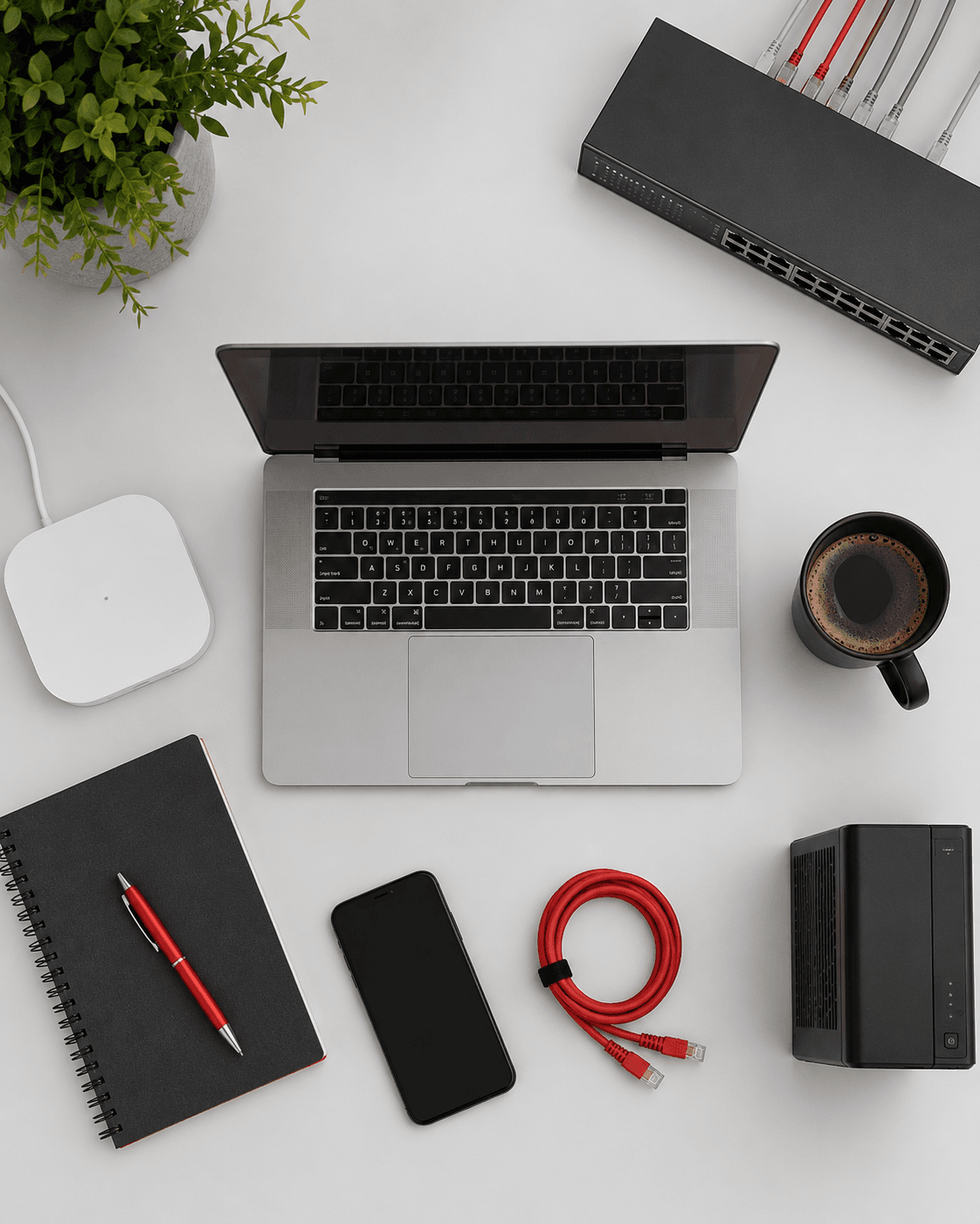 Managed IT workspace — laptop, network switch, Wi-Fi access point and backup hardware — Veltech Christchurch